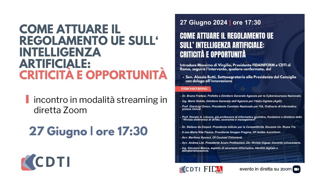 Come attuare il regolamento UE sulla Intelligenza Artificiale – 27 Giugno ore 17:30